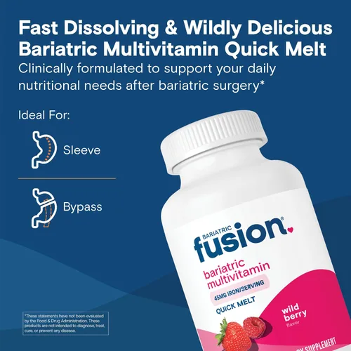 Vista 2 de Bariatric Fusion Multivitamínico bariátrico con hierro Quick Melt Vitaminas sin azúcar para manga gástrica y bypass gástrico Sabor a bayas