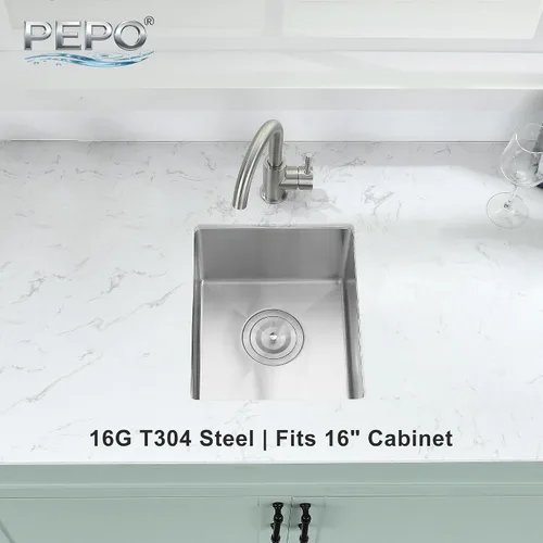 Vista 3 de Fregadero de Bar - PEPO Fregadero de Cocina Bajo Encimera de 13 x 15 Pulgadas, Fregadero de Cocina Pequeño de Una Sola Cubeta de Acero Inoxidable