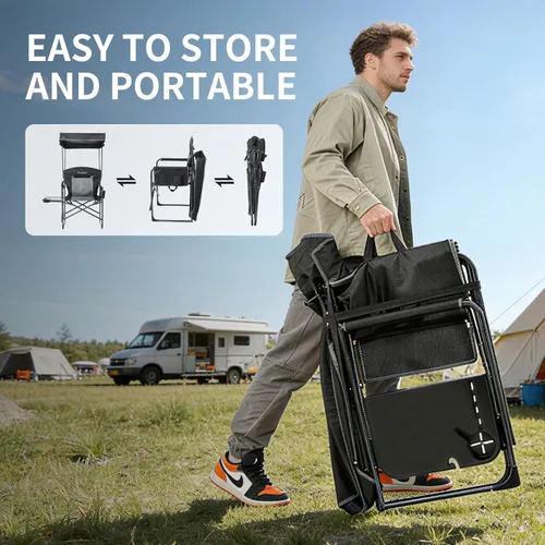 Vista 8 de Sillas de campamento de gran tamaño con dosel, silla plegable de directores con mesa auxiliar y bolsillos, sillas plegables portátiles para adultos