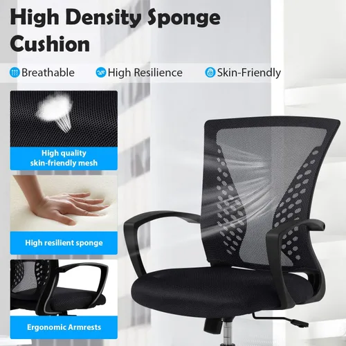 Vista 5 de Silla de oficina ergonómica con soporte lumbar, silla de computadora de malla ajustable para oficina en casa, silla giratoria de respaldo medio