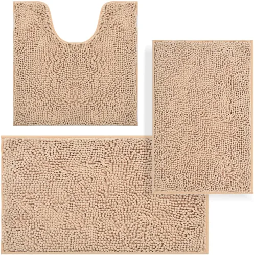 Vista 31 de Juego de alfombras de baño de 3 piezas, tapetes de baño para baño antideslizantes, alfombras de baño de felpilla gruesa, suaves y absorbentes, juego