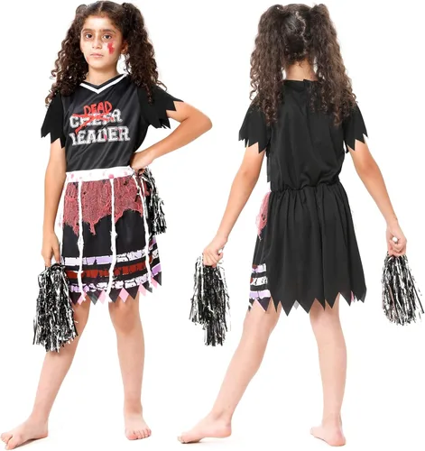 Vista 2 de Lrrtwer Disfraz de animadora de Halloween de zombi para niña, disfraz de líder muerto sangriento, disfraz de Halloween, fiesta, baile de graduación