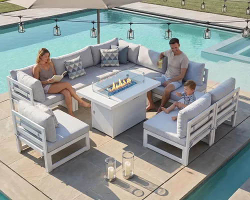 Vista 35 de BULEXYARD - Sofá modular de aluminio para exteriores con mesa para fogata, 7 piezas, color verde azulado