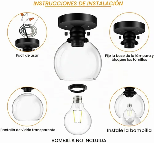 Vista 5 de Glass Semi Flush Mount Ceiling Light, Industrial Porch Light Fixtures, Matte Black Base with 6“ Clear Glass Shade, Bright Close to Ceiling Light for