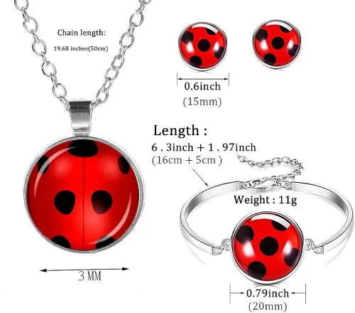 Vista 2 de Lucky Ladybug FKOJMH - Aretes de mariquita buenos aretes para niñas, collar de mariquita de la suerte para niñas, aretes de disfraz de mariquita