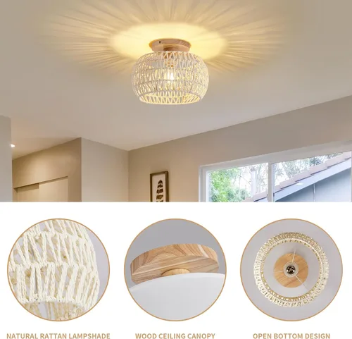Vista 7 de Lámpara de techo de ratán bohemio, 3 opciones de estilo, luces de techo de mimbre semiempotradas, accesorios de luz costera beige, candelabro