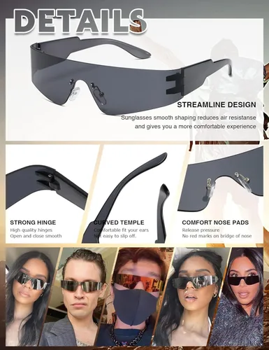 Vista 3 de MASDUN Gafas de sol envolventes futuristas sin montura para mujeres y hombres, gafas de sol Cyberpunk con visera