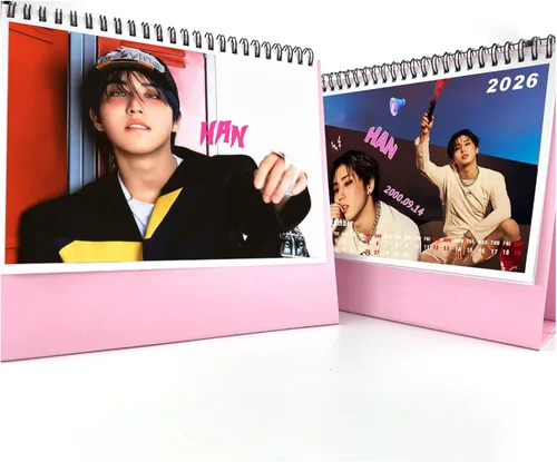 Vista 6 de Calendario de escritorio de regalo de Stray Kids 2025-2026, Calendario de escritorio con fotos de Stray Kids para el Año Nuevo (Morado)