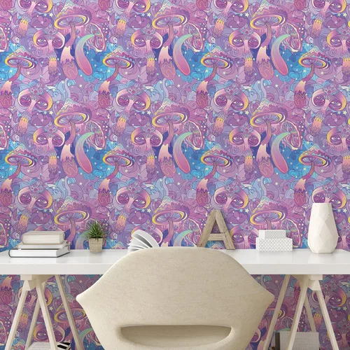 Vista 2 de Lunarable Papel tapiz autoadhesivo de hongos para el hogar, composiciones de espirales trippy y ojos de ensueño, autoadhesivo para sala de estar
