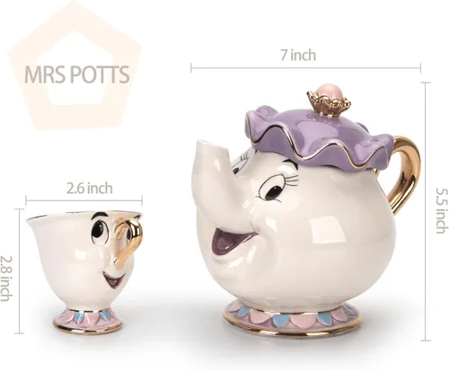 Vista 5 de GZHaiTuoSi Taza de tetera con diseño de dibujos animados de la nueva belleza y la bestia Mrs Potts con chip, un juego encantador y set
