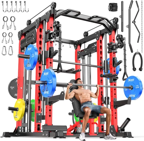 Vista 28 de XGSW Smith Machine Gimnasio en casa, jaula de potencia multifunción con sistema cruzado de cable de polea doble, estante para sentadillas para L06