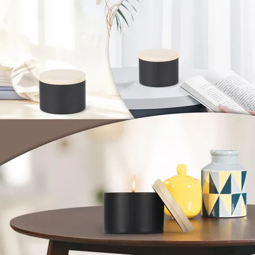 Vista 7 de SONVIIBOX 24 latas de velas de 4 onzas, latas negras con tapas de metal de grano de madera, tarros de velas para hacer velas a granel, tarros