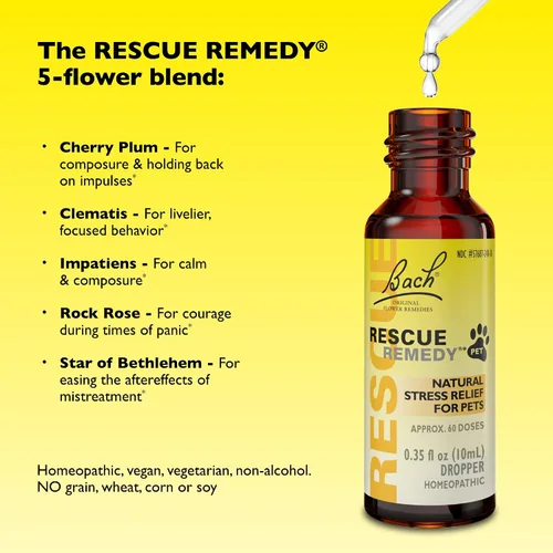 Vista 4 de Rescue Remedy gotero para mascotas - 10mL - Apoyo para el estrés y la tensión para perros y gatos con esencias naturales de flores Bach - Fórmula
