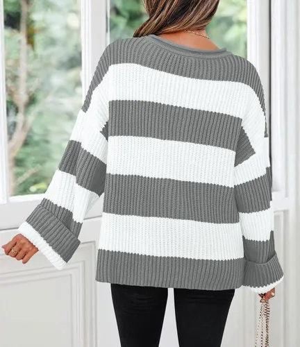 Vista 60 de ZESICA Suéter tejido sin botones de manga larga y cuello redondo, a rayas, bloques de color, cómodo, holgado, talla extragrande para mujer de 2024