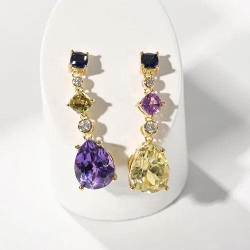 Vista 2 de Aretes de plata de ley para mujer, aretes de piedras preciosas con corte de pera, aretes largos de piedra de zafiro múltiple