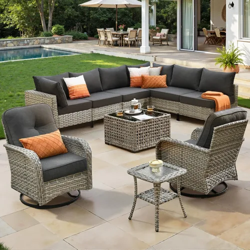 Vista 19 de ovios Muebles de patio de 8 piezas con hoguera, juego de conversación de mimbre de ratán para exteriores con mesa de centro brillante, cómodo sofá