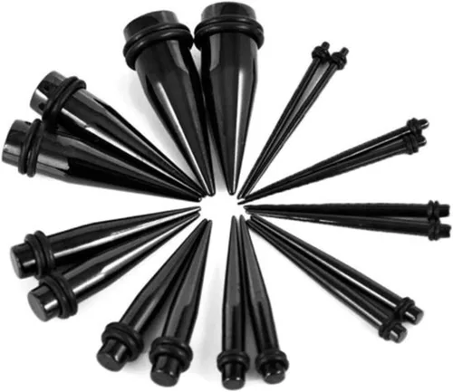 Vista 3 de Kit de estiramiento de calibre de oído de acero inoxidable y tapones Set 36 piezas 14G-00G Negro