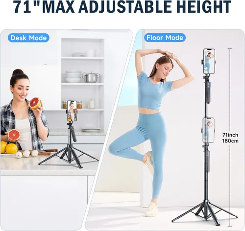 Vista 3 de Trípode Selfie Stick, trípode de 71 pulgadas para iPhone, rotación de 360° con control remoto inalámbrico, soporte portátil de aluminio