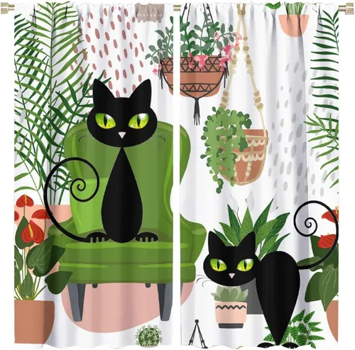 Vista 34 de Cortinas de estilo de mediados de siglo, diseño geométrico abstracto moderno, diseño retro, estampado de gato negro, para dormitorio, sala de estar