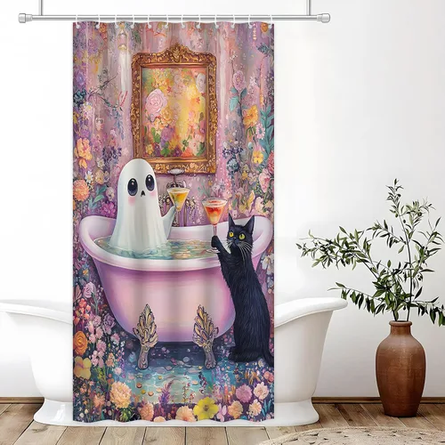 Vista 4 de Divertida cortina de ducha de fantasma, diseño de fantasma, rosa, floral, lindo fantasma toma una bañera en flor, Halloween, gato negro, academia