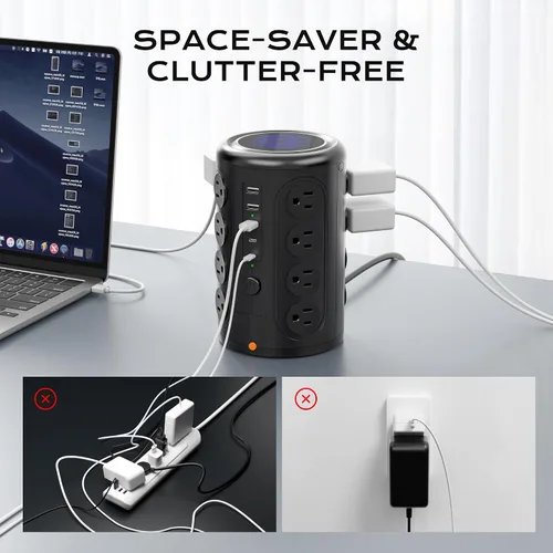 Vista 5 de TenTrend - Regleta de alimentación con protector de sobretensiones, cable de 10 pies, torre de alimentación vertical con 16 tomas de corriente y 5
