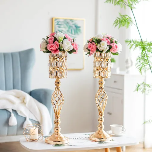 Vista 4 de Jarrón de metal dorado, 10 jarrones de trompeta altos para centros de mesa con cuentas de cristal, jarrón de boda para mesas, decoración del hogar