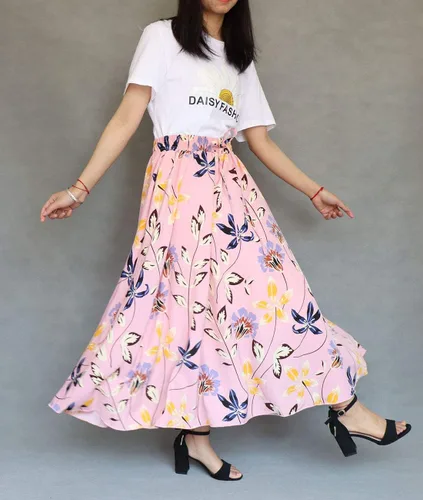Vista 2 de Womens High Waisted Skirt Chiffon Boho Printed Vintage Pockets Swing A-Line Long Skirts