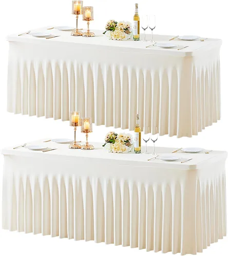 Vista 17 de Paquete de 2 manteles color azul bebé para mesas rectangulares de 6 pies, mantel ajustable de elastano, fundas de mesa elásticas de 6 pies, manteles