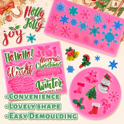 Vista 3 de Whaline 3 moldes de silicona para fondant de Feliz Navidad, diseño de copos de nieve rosados, con palabras bendecidas, alegría, acebo, Jolly