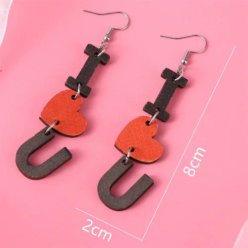 Vista 2 de Aretes únicos de madera creativos con letras de amor, únicos para el día de San Valentín, flecha, en forma de corazón, para mujeres, niñas, Día