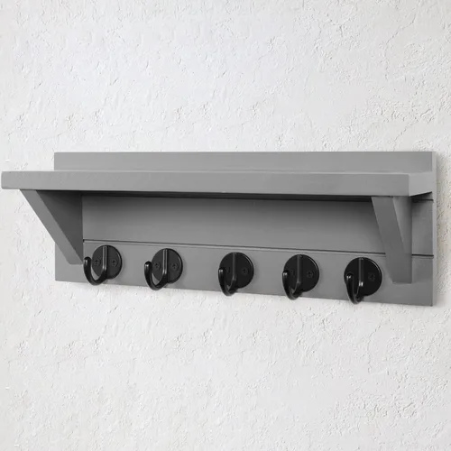 Vista 2 de Lwenki Soporte para Llaves de Pared con Estante, Estante Rústico con Ganchos Hecho de Madera de Paulownia que Sostiene Llaves, Correa de Perro Gris