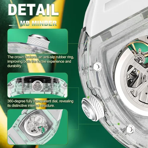 Vista 6 de MINBER Skeleton Automatic Watch, 43mm Dial with Luminous Hands, Self Winding Watch, 3 ATM Waterproof, TR90 Plastic, Business Casual Sporty Design