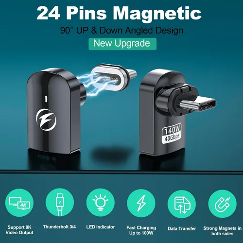 Vista 2 de HanCenDa Adaptador magnético USB C de 90 grados, 2 unidades, adaptador USB C magnético de ángulo recto con transferencia de datos de 40 Gbps PD 140