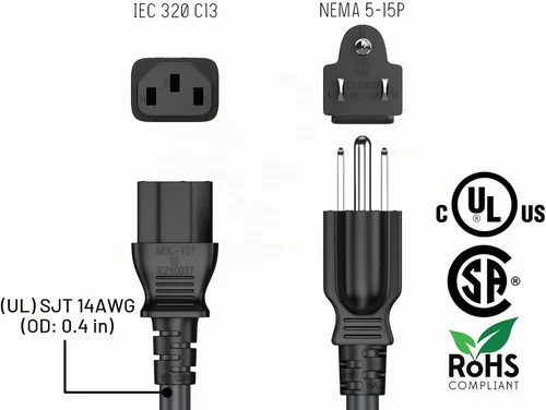 Vista 5 de Cable Leader Cable de alimentación de computadora NEMA 5-15P a IEC C13, cable de alimentación de CA resistente de 3 clavijas para PC, monitor, Negro