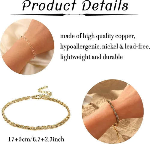 Vista 4 de FINREZIO 6 pulseras de cadena de oro para mujer, pulsera cubana con cuentas de eslabones de clip de papel, pulsera de cadena de cable grueso