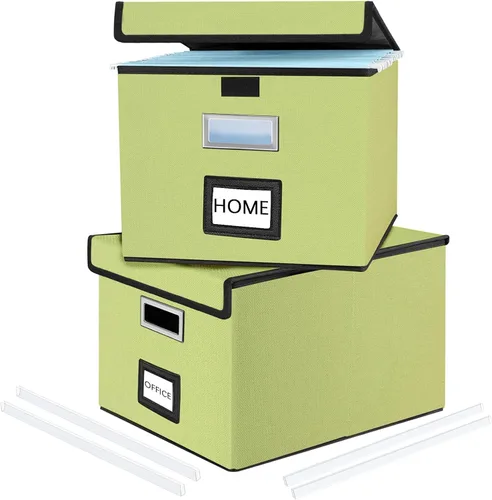 Vista 35 de Caja organizadora de archivos Huolewa con tapa, caja organizadora de carpetas de archivos colgantes de cuero sintético plegable con deslizadores