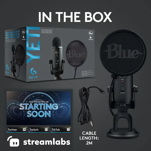 Vista 10 de Logitech Blue Yeti - Kit de transmisión de juegos con micrófono USB Yeti software azul VOCE temas exclusivos de Streamlabs filtro pop azul