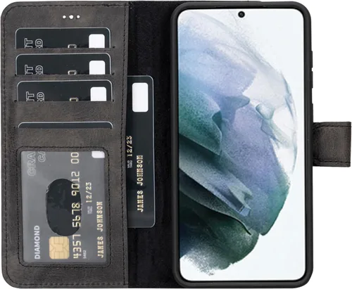 Vista 17 de HARDISTON Funda tipo cartera compatible con Samsung Galaxy S21, hecha a mano, de piel auténtica, cubierta magnética desmontable tipo flip con Negro