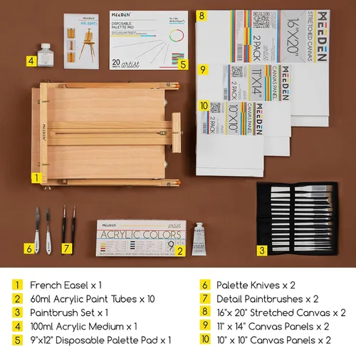 Vista 2 de MEEDEN Juego de arte con caballete francés para artista profesional, suministros de pintura acrílica (0.3-2.0 fl oz) kit con pinceles para adultos