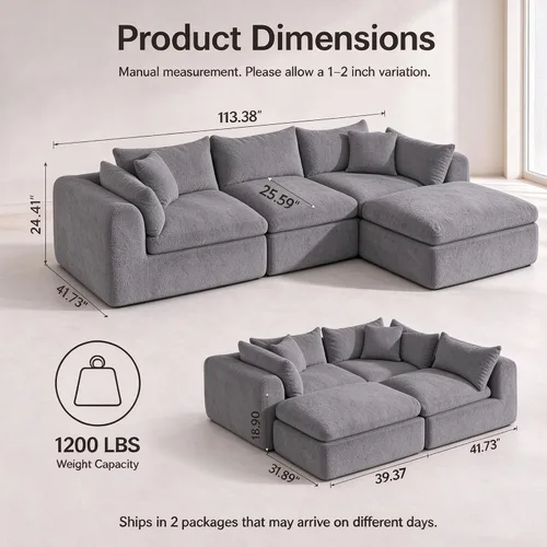 Vista 2 de Sofás sin hueso de 113 pulgadas para sala de estar, dormitorio Gris