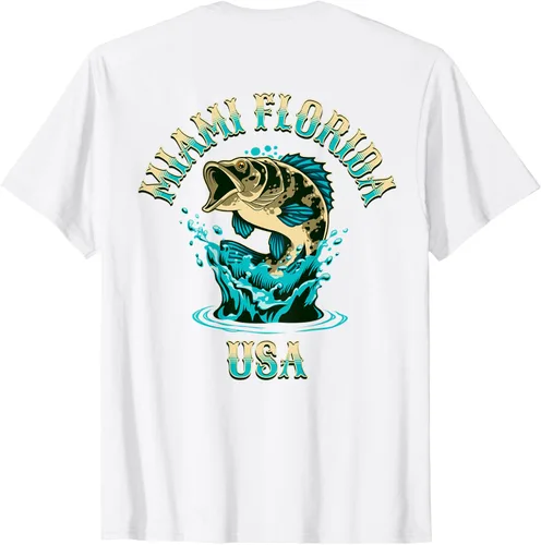 Vista 33 de Camiseta con diseño de pesca en la parte delantera y trasera de Miami Florida USA, Negro