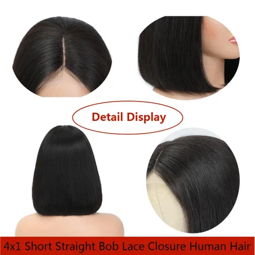 Vista 3 de Peluca corta recta Bob de 12 pulgadas 4x1 cierre de encaje 12A Remy cabello humano densidad 150% negro natural