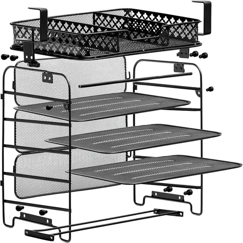 Vista 6 de Organizador de archivos de 5 niveles debajo del escritorio, organizador de archivos colgante con abrazadera, diseño de ahorro de espacio