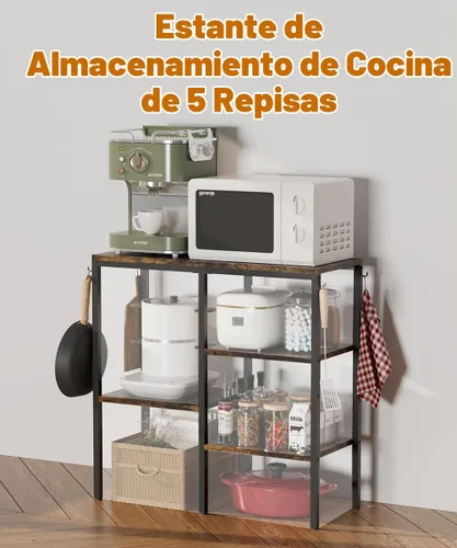 Vista 3 de Soporte de horno microondas de 4 niveles, estación de café ajustable para electrodomésticos pequeños, estante para panadería con 4 ganchos y 7