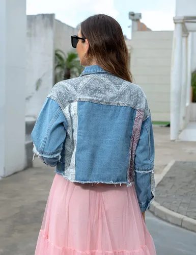 Vista 6 de happlan Women's Patchwork Cropped Casual Jacket in Washed Denim