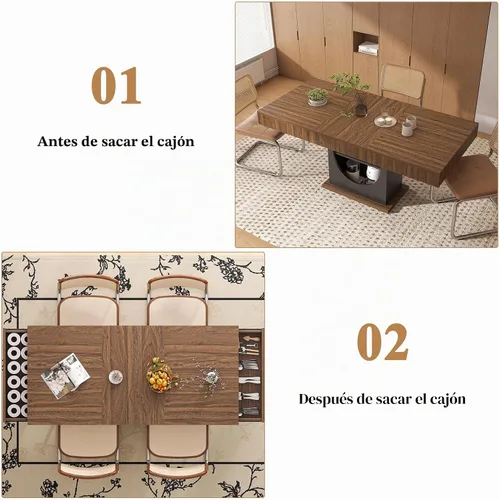 Vista 6 de Mesa de comedor para 4-6 personas, mesa de comedor de 55 pulgadas con cajones y almacenamiento abierto, base de pedestal de madera, mesa rectangular
