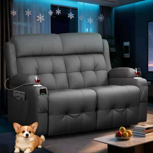 Vista 22 de Sofá reclinable de dos plazas para cine en casa, sofá reclinable de pared con USB, portavasos, sillón reclinable de tela de guijarros, sofá cama