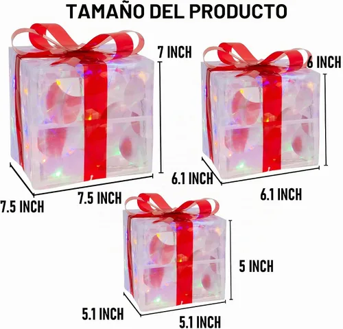Vista 3 de Hourleey - Juego de 3 cajas de regalo iluminadas de Navidad, 60 luces LED preiluminadas, cajas de regalo decorativas para árbol de Navidad