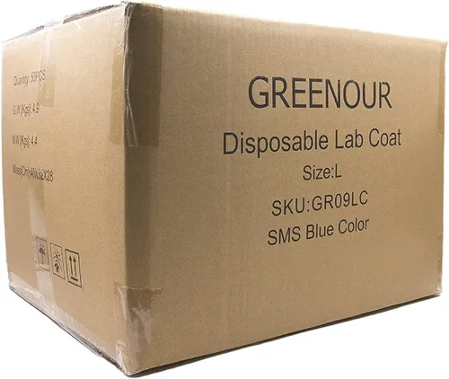 Vista 7 de Greenour Disposable Lab Coat Blue SMS with Pockets for Adult Knitted Collar and Cuffs Breathable Fluid Resistant