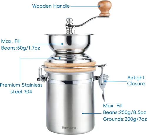 Vista 2 de Easyworkz Molinillo de café manual con recipiente hermético,Ajuste ajustable,Herramienta de molino de grano de café de rebabas de acero inoxidable